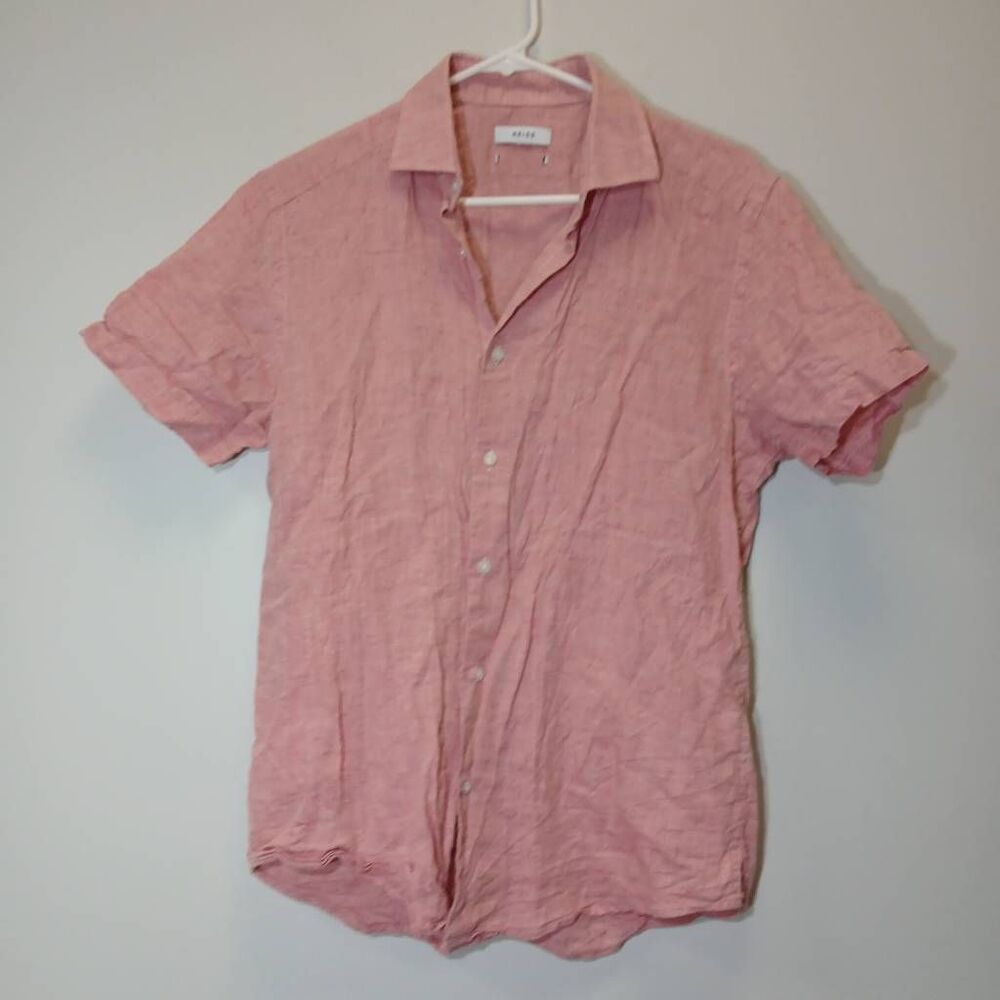 Reiss mens small 100% linen salmon pink casual shirt shortsleeve